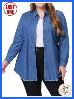 Plus Size Chambray Button Down Shirt Long Sleeve Boyfriend Fit Top